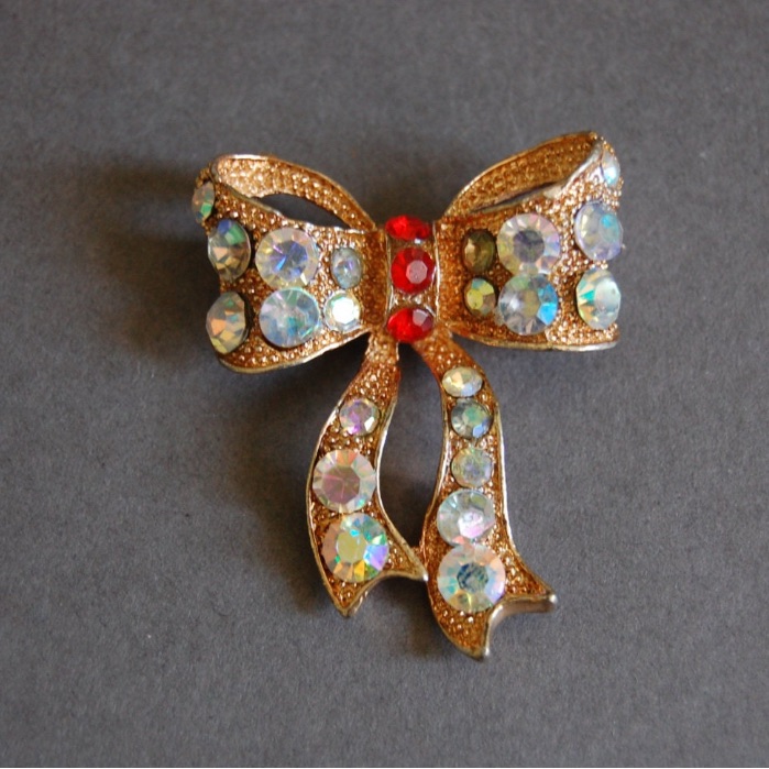 Red Rhinestone Gold Bow Pin